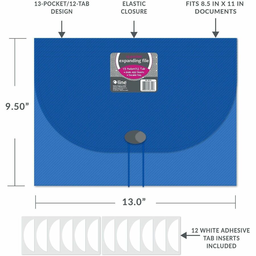 Expanding Files, 1.63" Expansion, 13 Sections, Cord/Hook Closure, 1/6-Cut Tabs, Letter Size, Blue