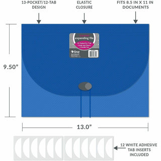 Expanding Files, 1.63" Expansion, 13 Sections, Cord/Hook Closure, 1/6-Cut Tabs, Letter Size, Blue