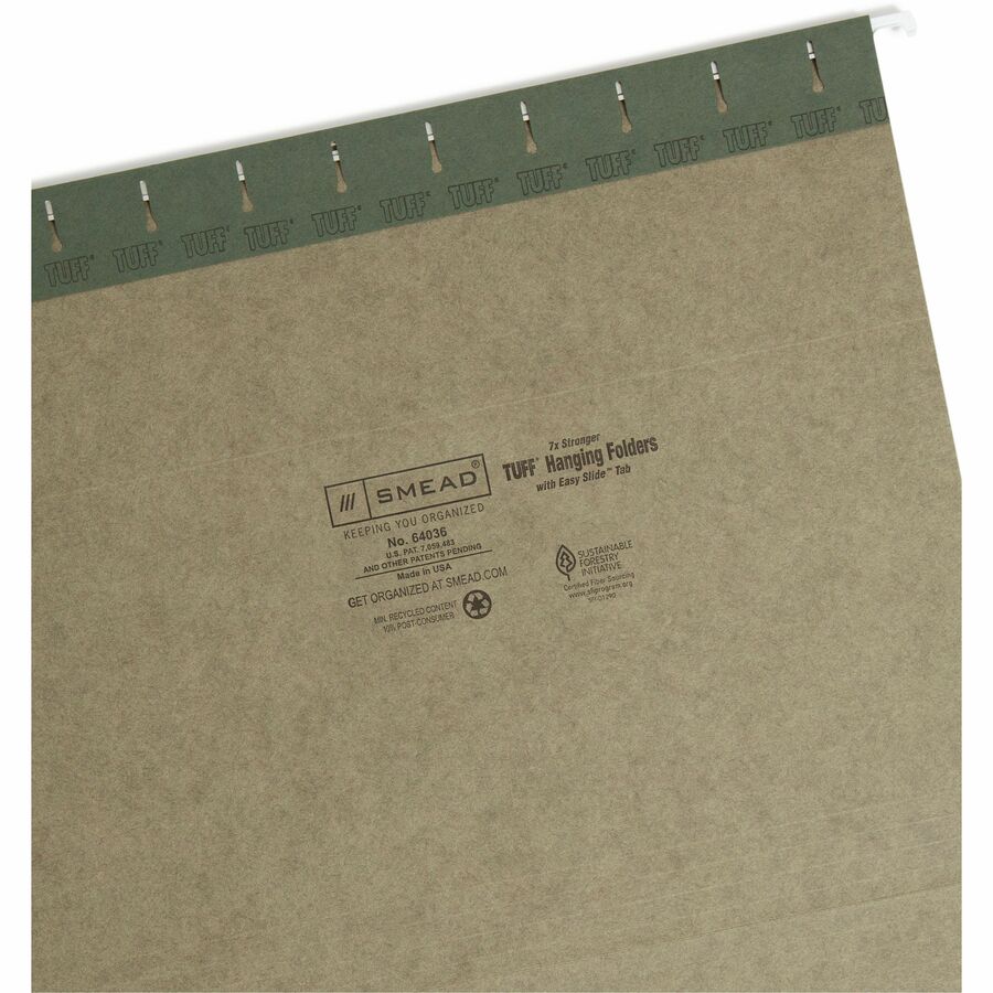 TUFF Hanging Folders with Easy Slide Tab, Letter Size, 1/3-Cut Tabs, Standard Green, 20/Box