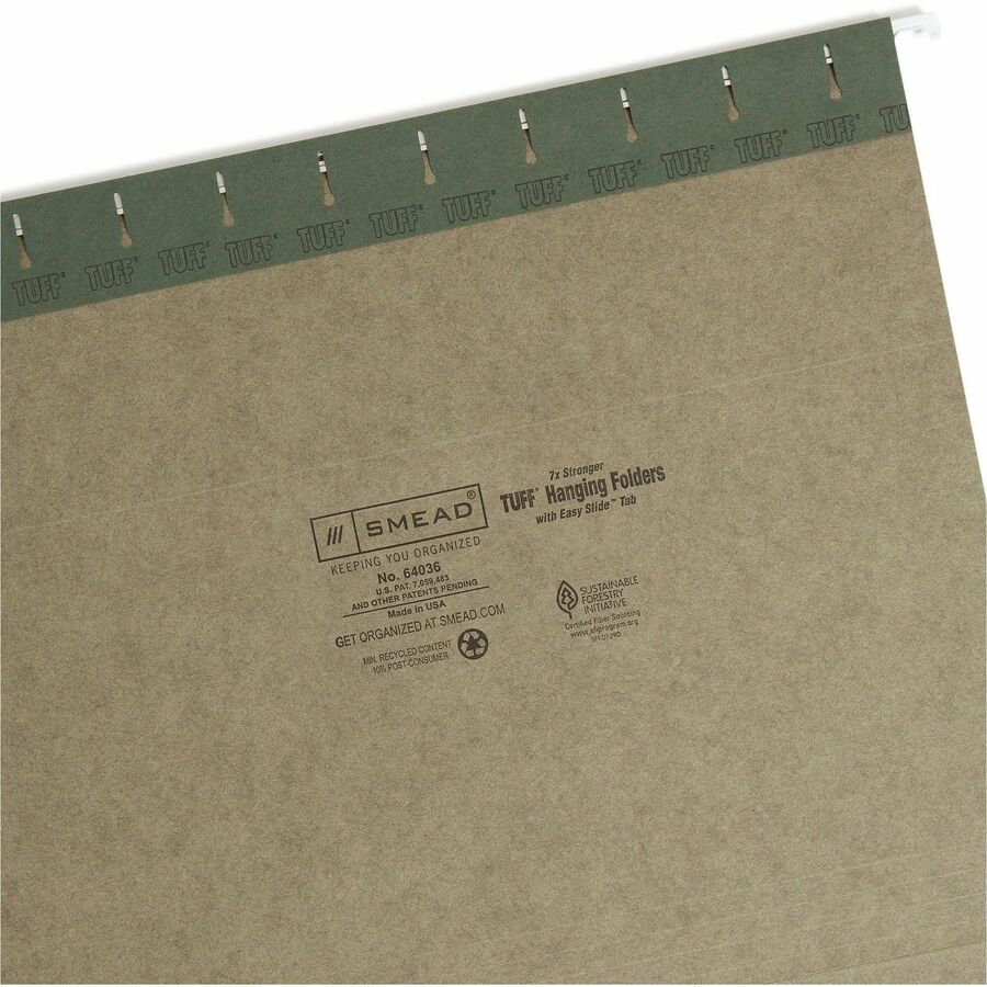 TUFF Hanging Folders with Easy Slide Tab, Letter Size, 1/3-Cut Tabs, Standard Green, 20/Box