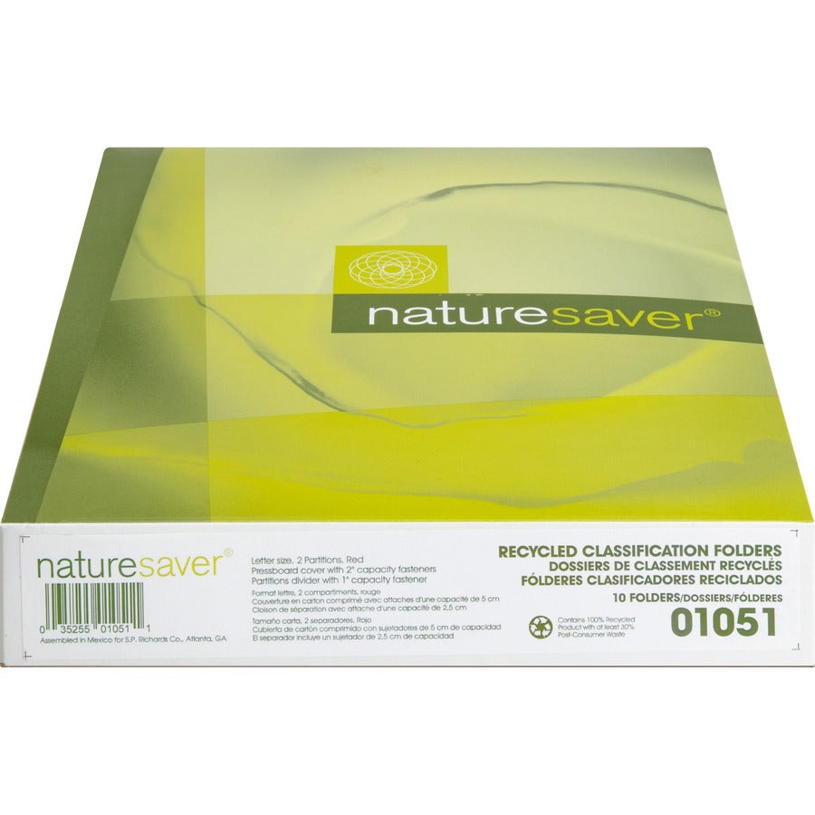 Nature Saver 2/5 Tab Cut Letter Recycled Classification Folder - 8 1/2" x 11" - 6 Fastener(s) - 2" Fastener Capacity for Folder, 1" Fastener Capacity for Divider - 2 Divider(s) - Pressboard - Red - 100% Recycled - 10 / Box