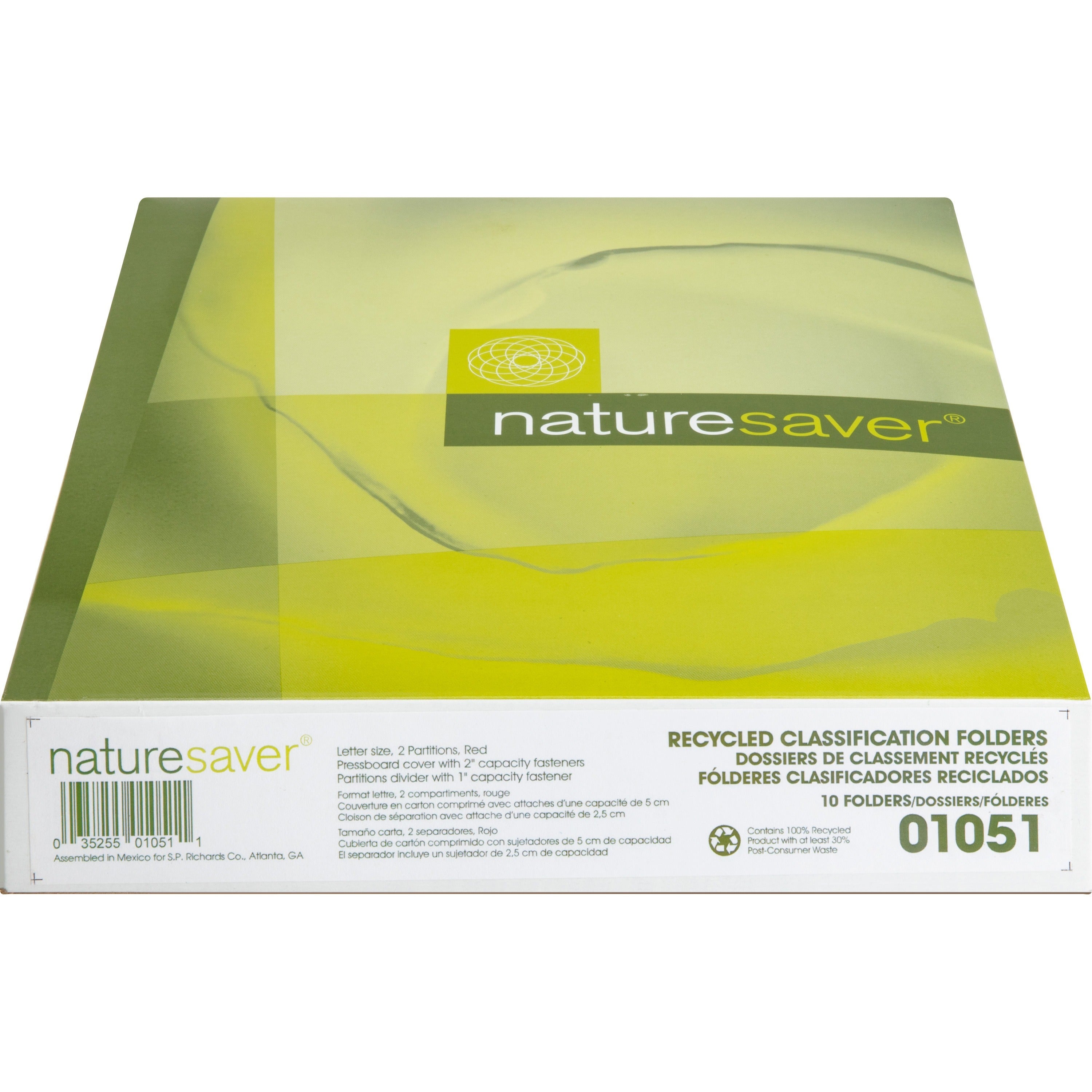 Nature Saver 2/5 Tab Cut Letter Recycled Classification Folder - 8 1/2" x 11" - 6 Fastener(s) - 2" Fastener Capacity for Folder, 1" Fastener Capacity for Divider - 2 Divider(s) - Pressboard - Red - 100% Recycled - 10 / Box - 