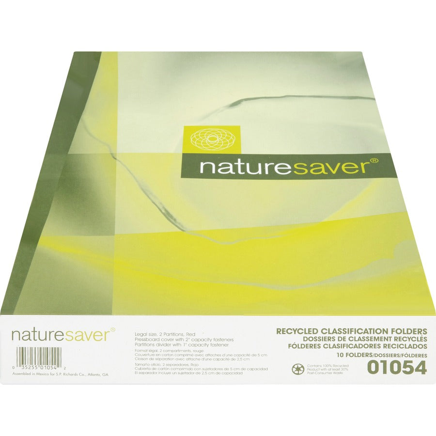 Nature Saver 2/5 Tab Cut Legal Recycled Classification Folder - 8 1/2" x 14" - 6 Fastener(s) - 2" Fastener Capacity for Folder, 1" Fastener Capacity for Divider - 2 Divider(s) - Pressboard - Red - 100% Recycled - 10 / Box