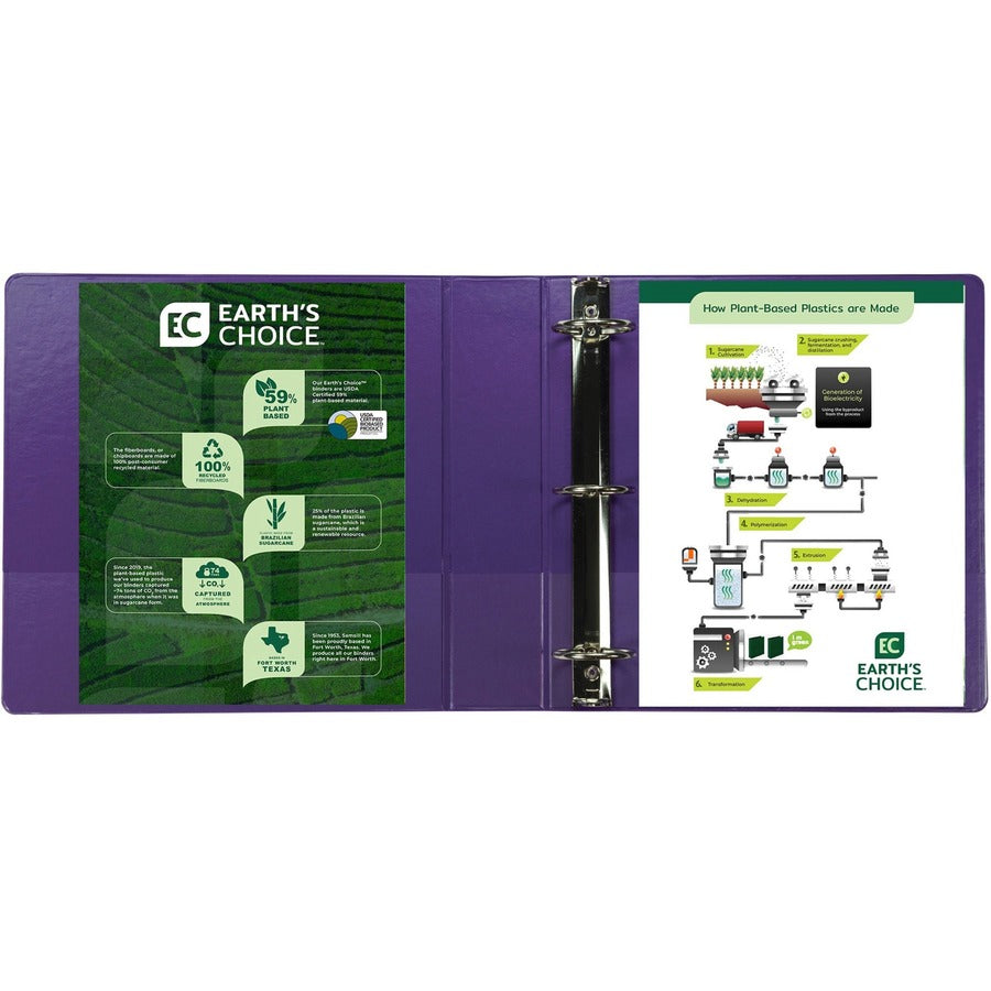 Earths Choice Plant-Based Durable Fashion View Binder, 3 Rings, 2" Capacity, 11 x 8.5, Purple, 2/Pack