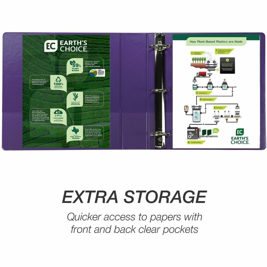 Earths Choice Plant-Based Durable Fashion View Binder, 3 Rings, 2" Capacity, 11 x 8.5, Purple, 2/Pack