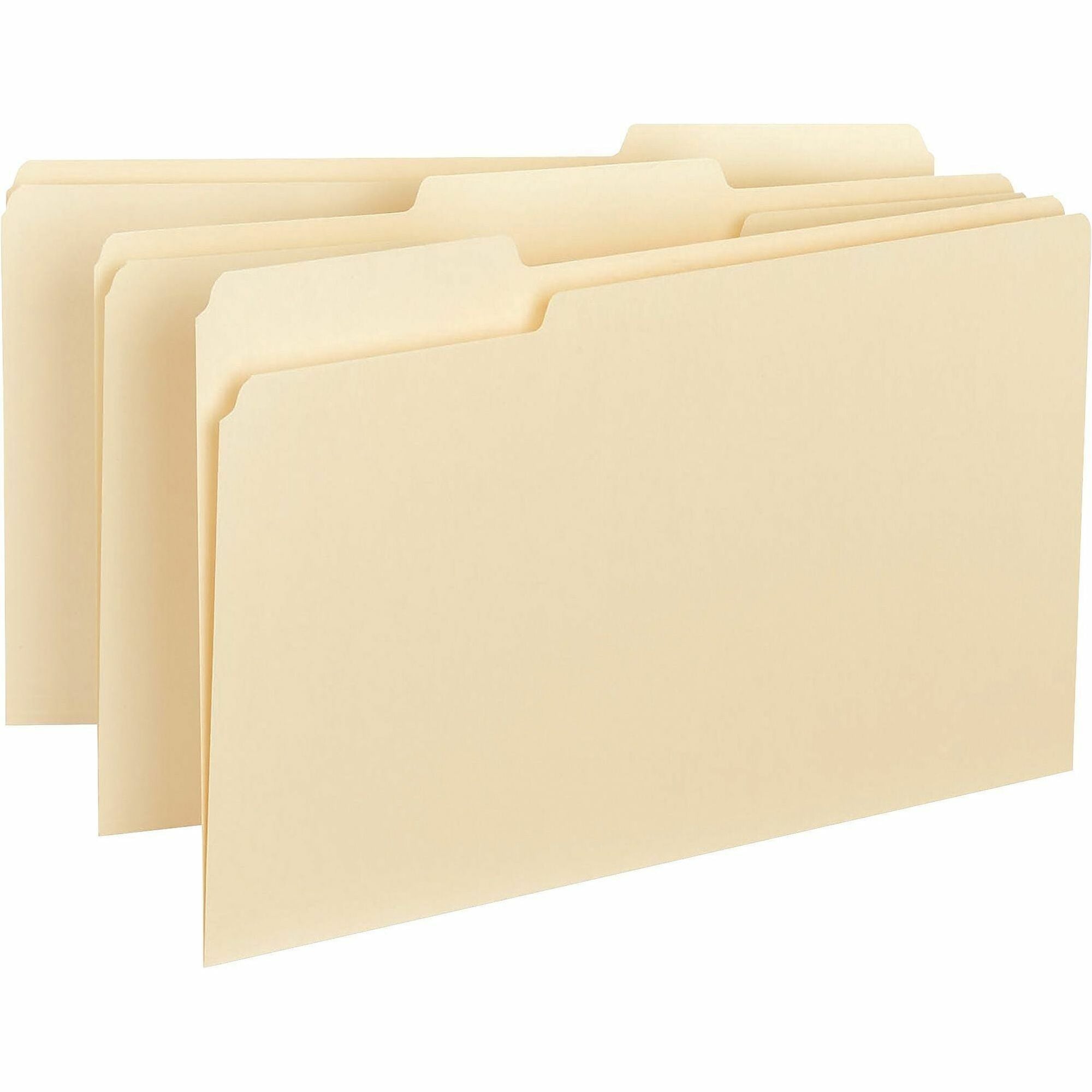 Business Source 1/3 Tab Cut Legal Recycled Top Tab File Folder - 8 1/2" x 14" - Top Tab Location - Assorted Position Tab Position - Manila - 10% Recycled - 100 / Box - 