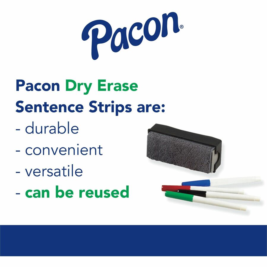 Pacon Dry Erase Sentence Strips - 3"H x 24"W - 1.5" Ruled - Dry Erase - 30 Strips/Pack - White - 