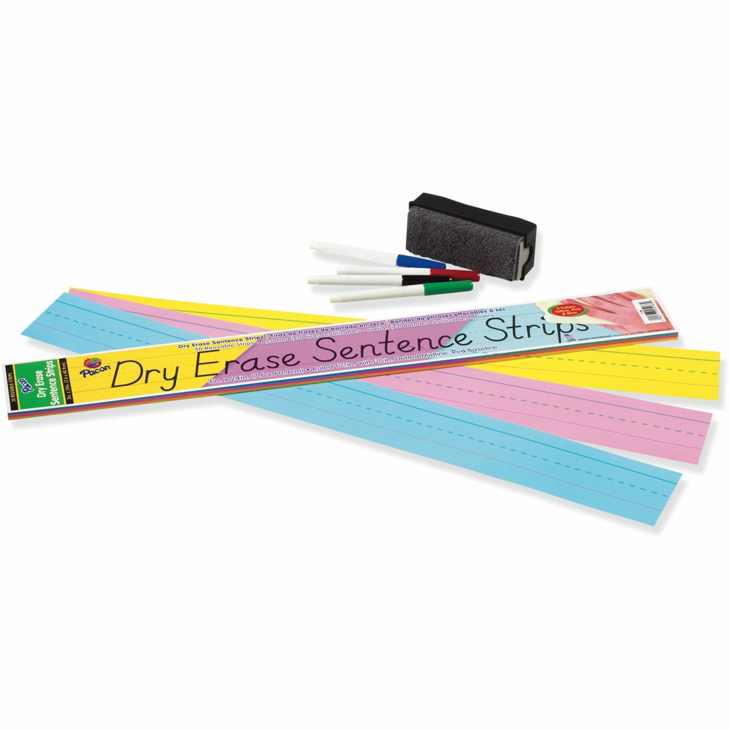 Dry Erase Sentence Strips, 24 x 3, Blue; Pink; Yellow, 30/Pack
