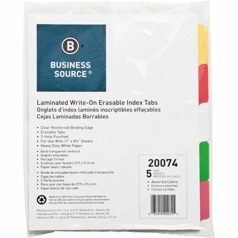 Business Source Laminated Write-On Tab Indexes - 5 Write-on Tab(s) - 5 Tab(s)/Set - 11" Tab Height x 8.50" Tab Width - 3 Hole Punched - Self-adhesive, Removable - Multicolor Mylar Tab(s) - Recycled - Laminated Tab, Reinforced Edges, Punched, Erasable - 