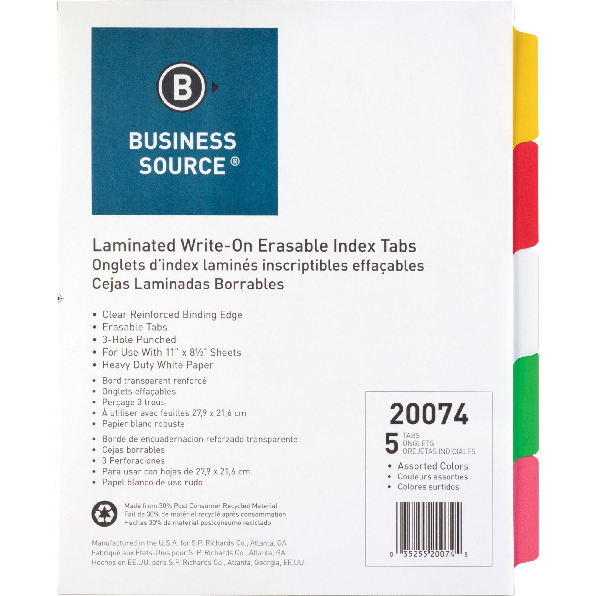 Business Source Laminated Write-On Tab Indexes - 5 Write-on Tab(s) - 5 Tab(s)/Set - 11" Tab Height x 8.50" Tab Width - 3 Hole Punched - Self-adhesive, Removable - Multicolor Mylar Tab(s) - Recycled - Laminated Tab, Reinforced Edges, Punched, Erasable - 