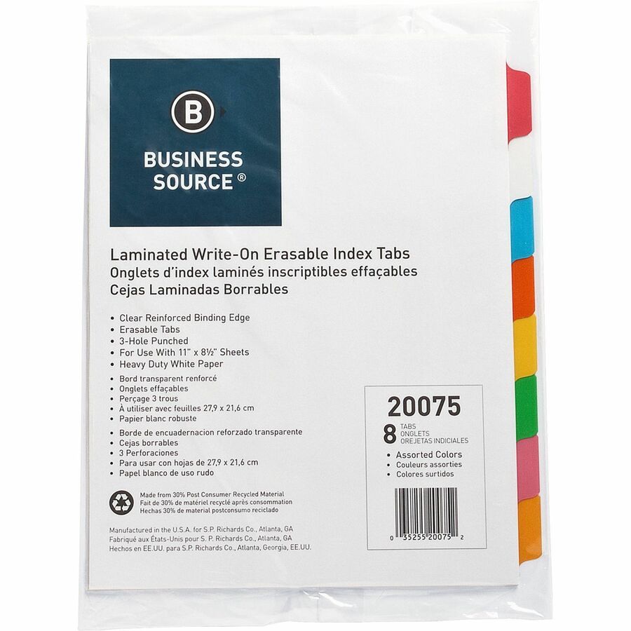 Business Source Laminated Write-On Tab Indexes - 8 Write-on Tab(s) - 8 Tab(s)/Set - 11" Tab Height x 8.50" Tab Width - 3 Hole Punched - Self-adhesive, Removable - Multicolor Mylar Tab(s) - Recycled - Laminated Tab, Reinforced Edges, Punched, Erasable - 