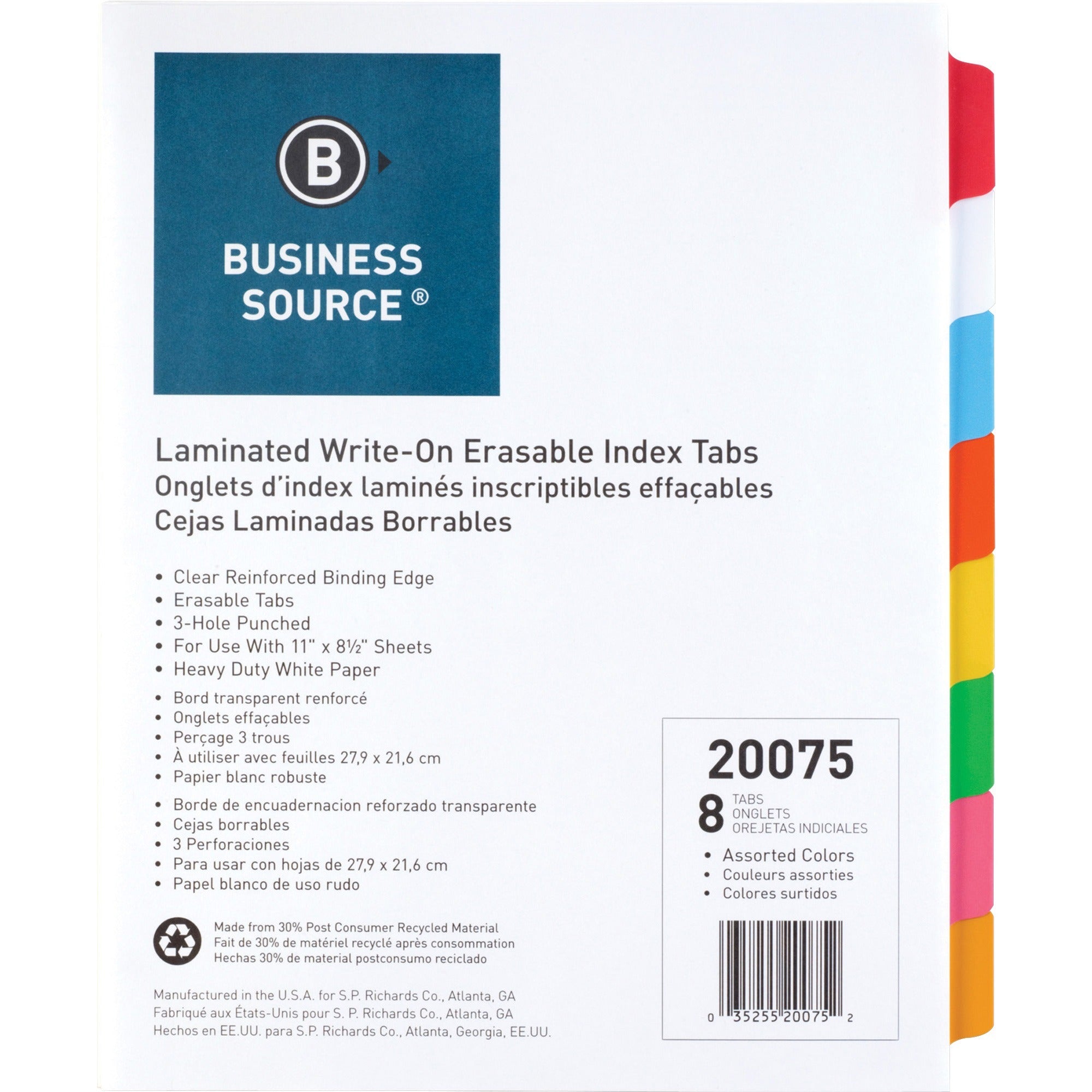 Business Source Laminated Write-On Tab Indexes - 8 Write-on Tab(s) - 8 Tab(s)/Set - 11" Tab Height x 8.50" Tab Width - 3 Hole Punched - Self-adhesive, Removable - Multicolor Mylar Tab(s) - Recycled - Laminated Tab, Reinforced Edges, Punched, Erasable - 