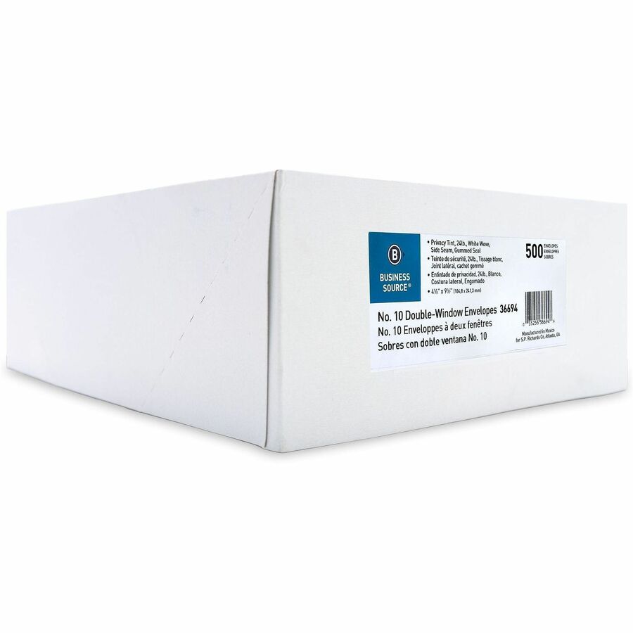 Business Source No. 10 Double-Window Invoice Envelopes - Double Window - #10 - 9 1/2" Width x 4 1/8" Length - 24 lb - Gummed - Wove - 500 / Box - White