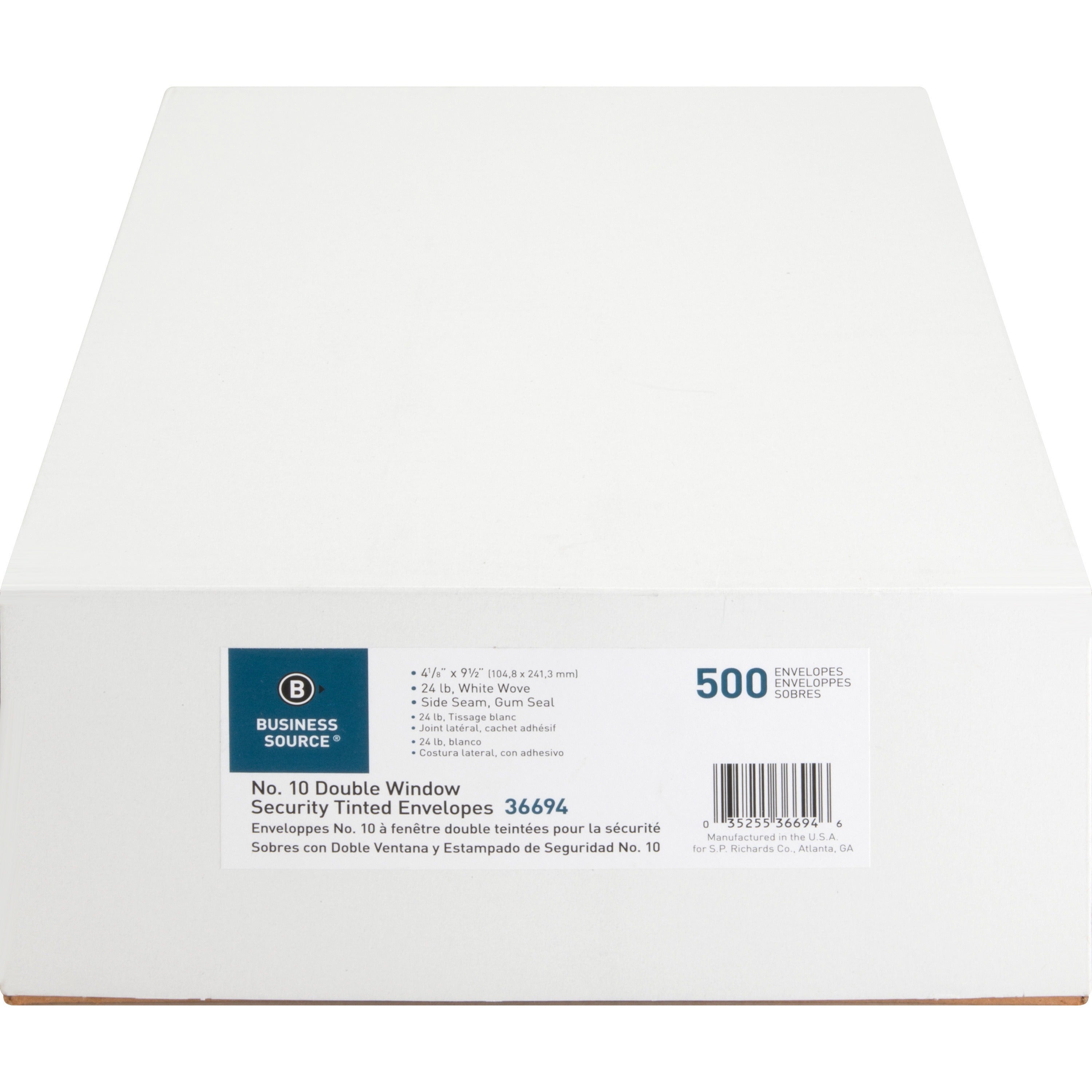 Business Source No. 10 Double-Window Invoice Envelopes - Double Window - #10 - 9 1/2" Width x 4 1/8" Length - 24 lb - Gummed - Wove - 500 / Box - White - 