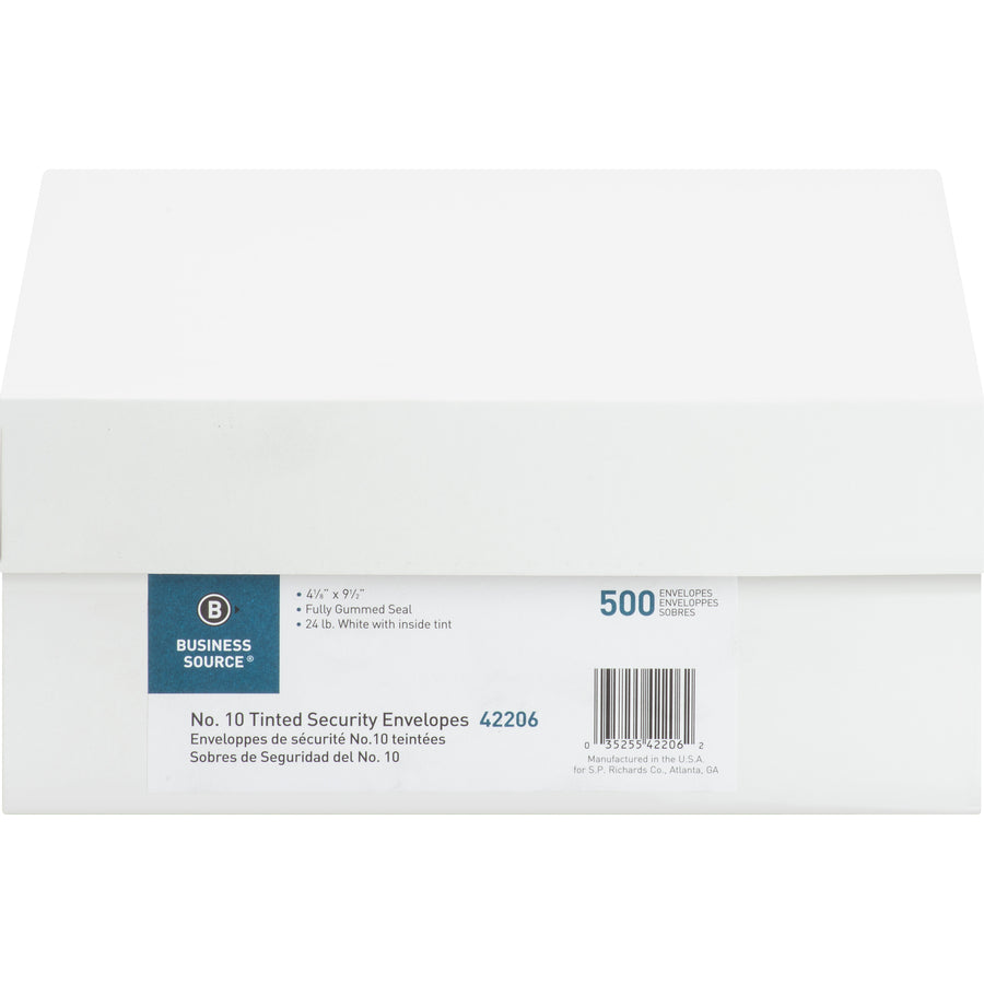 Business Source No.10 Regular Tint Security Envelopes - Security - #10 - 4 1/8" Width x 9 1/2" Length - 24 lb - Gummed - Wove - 500 / Box - White - 