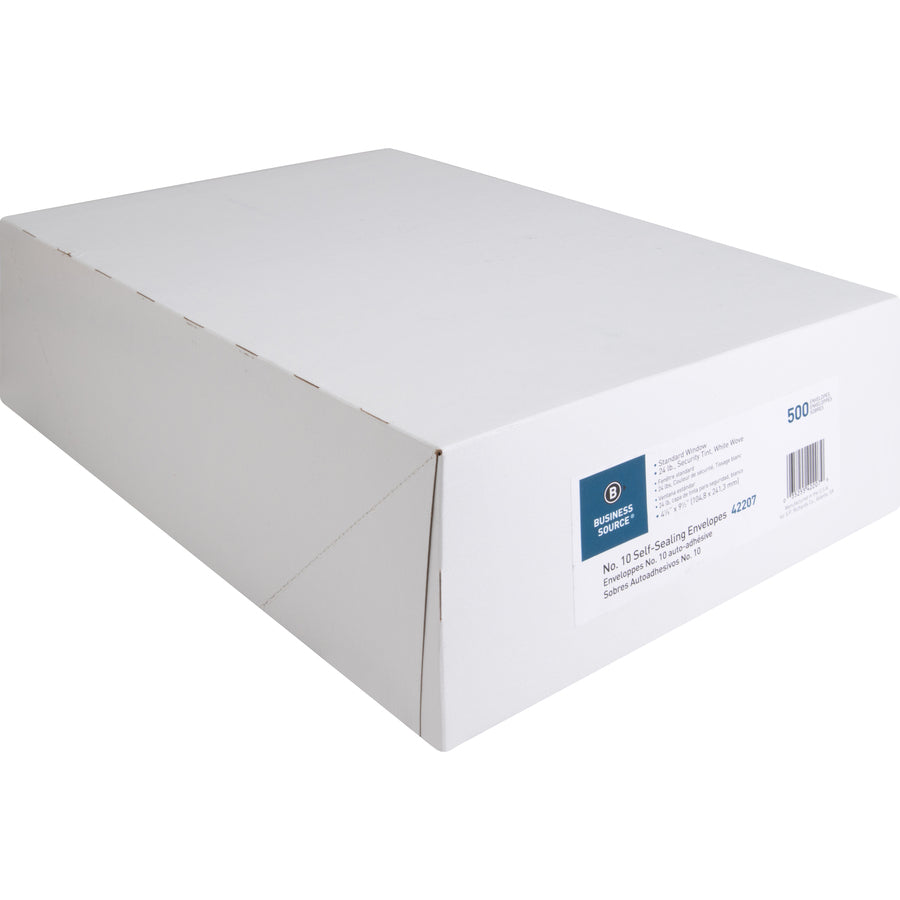 Business Source No.10 Standard Window Invoice Envelopes - Single Window - 9 1/2" Width x 4 1/2" Length - 24 lb - Self-sealing - Poly - 500 / Box - White - 