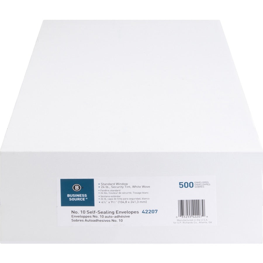 Business Source No.10 Standard Window Invoice Envelopes - Single Window - 9 1/2" Width x 4 1/2" Length - 24 lb - Self-sealing - Poly - 500 / Box - White