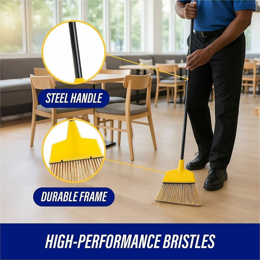 Genuine Joe Angle Broom - Polyvinyl Chloride (PVC) Bristle - 47" Handle Length - 54.5" Overall Length - Steel Handle - 1 Each - Yellow