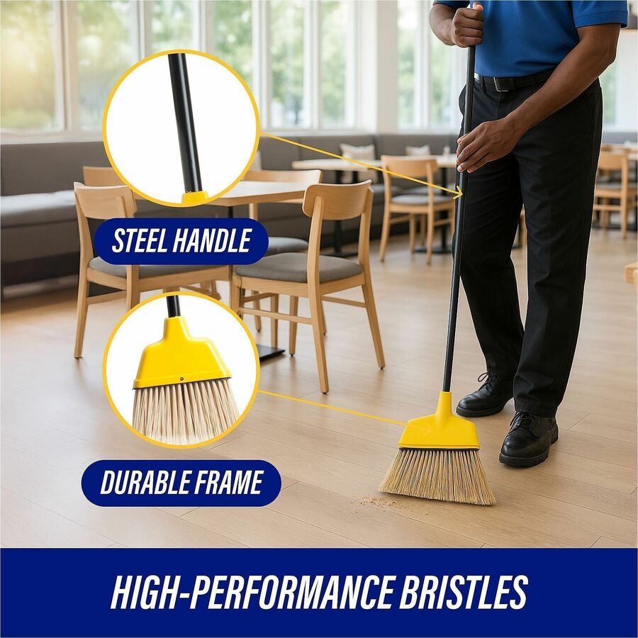Genuine Joe Angle Broom - Polyvinyl Chloride (PVC) Bristle - 47" Handle Length - 54.5" Overall Length - Plastic Handle - 1 Each - Yellow