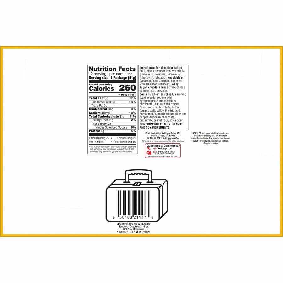 Keebler Cheese Crackers with Cheddar Cheese - Cheddar Cheese - 1.80 oz - 12 / Box