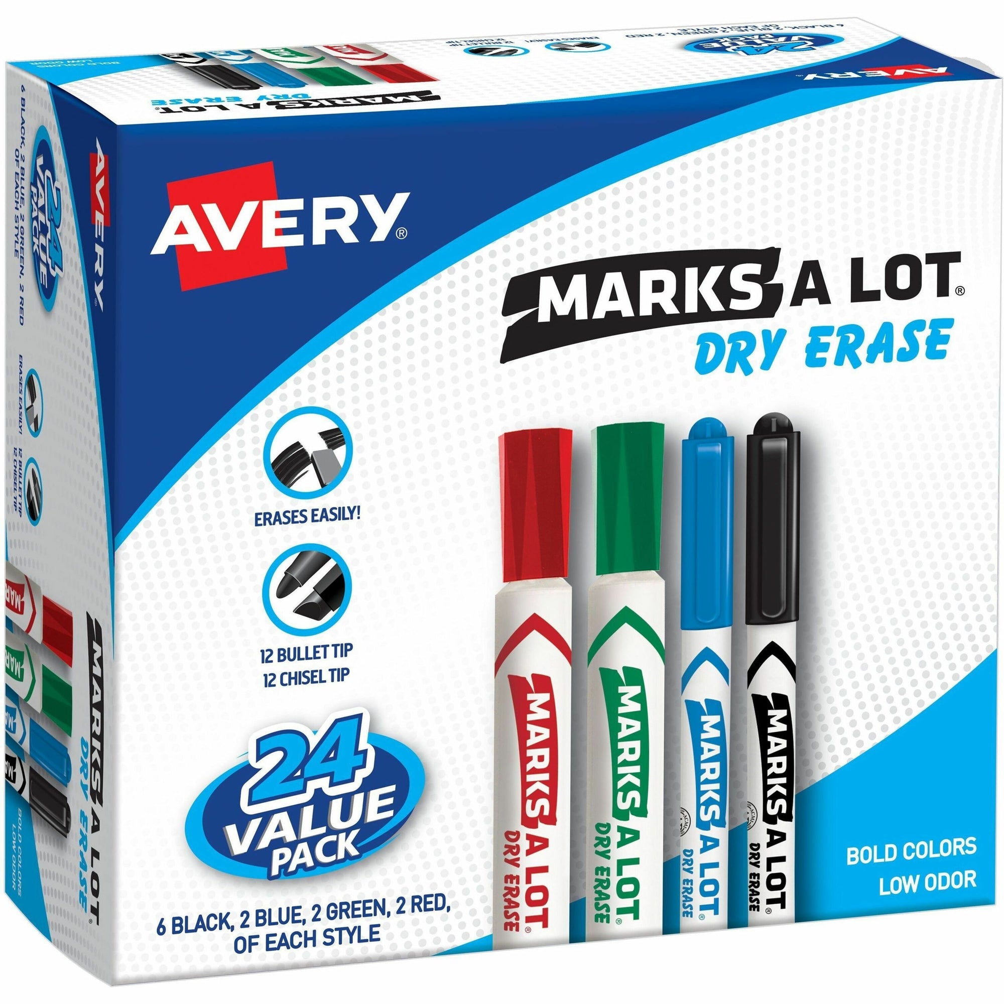 MARKS A LOT Desk/Pen-Style Dry Erase Marker Value Pack, Assorted Broad Bullet/Chisel Tips, Assorted Colors, 24/Pack (29870)