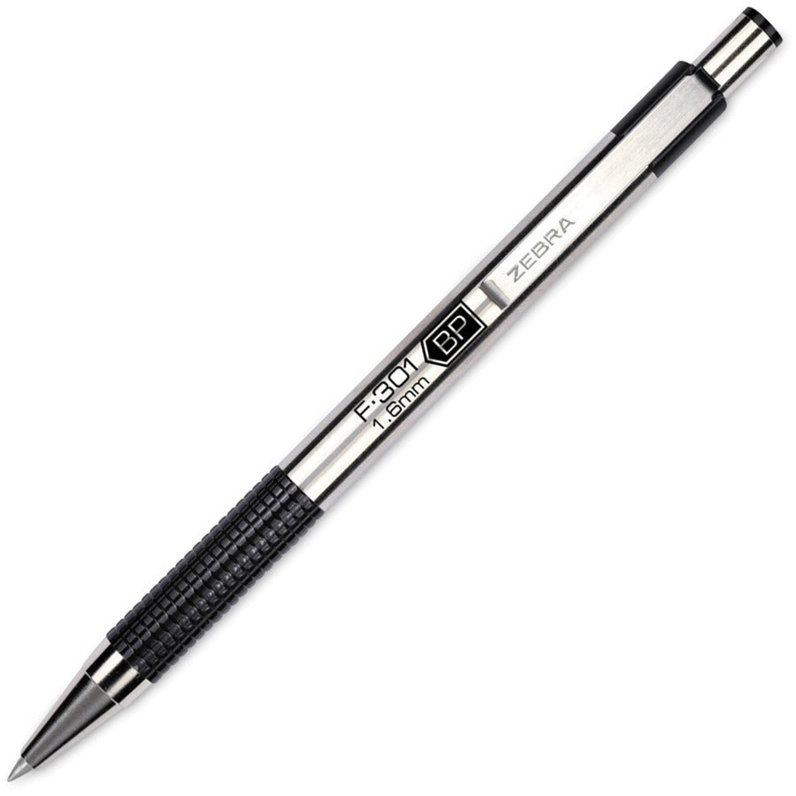F-301 Ballpoint Pen, Retractable, Bold 1.6 mm, Black Ink, Stainless Steel/Black Barrel, 12/Pack