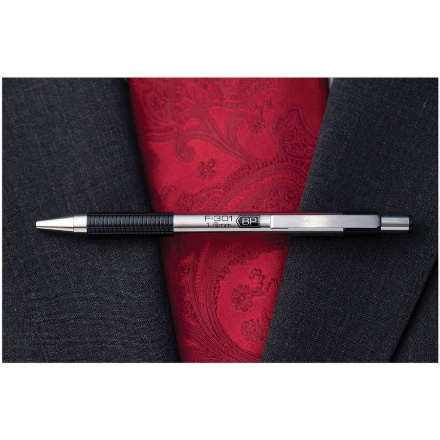 F-301 Ballpoint Pen, Retractable, Bold 1.6 mm, Black Ink, Stainless Steel/Black Barrel, 12/Pack