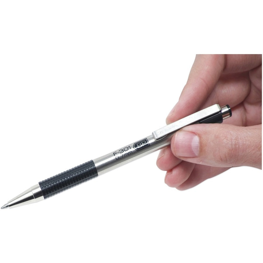 F-301 Ballpoint Pen, Retractable, Bold 1.6 mm, Black Ink, Stainless Steel/Black Barrel, 12/Pack