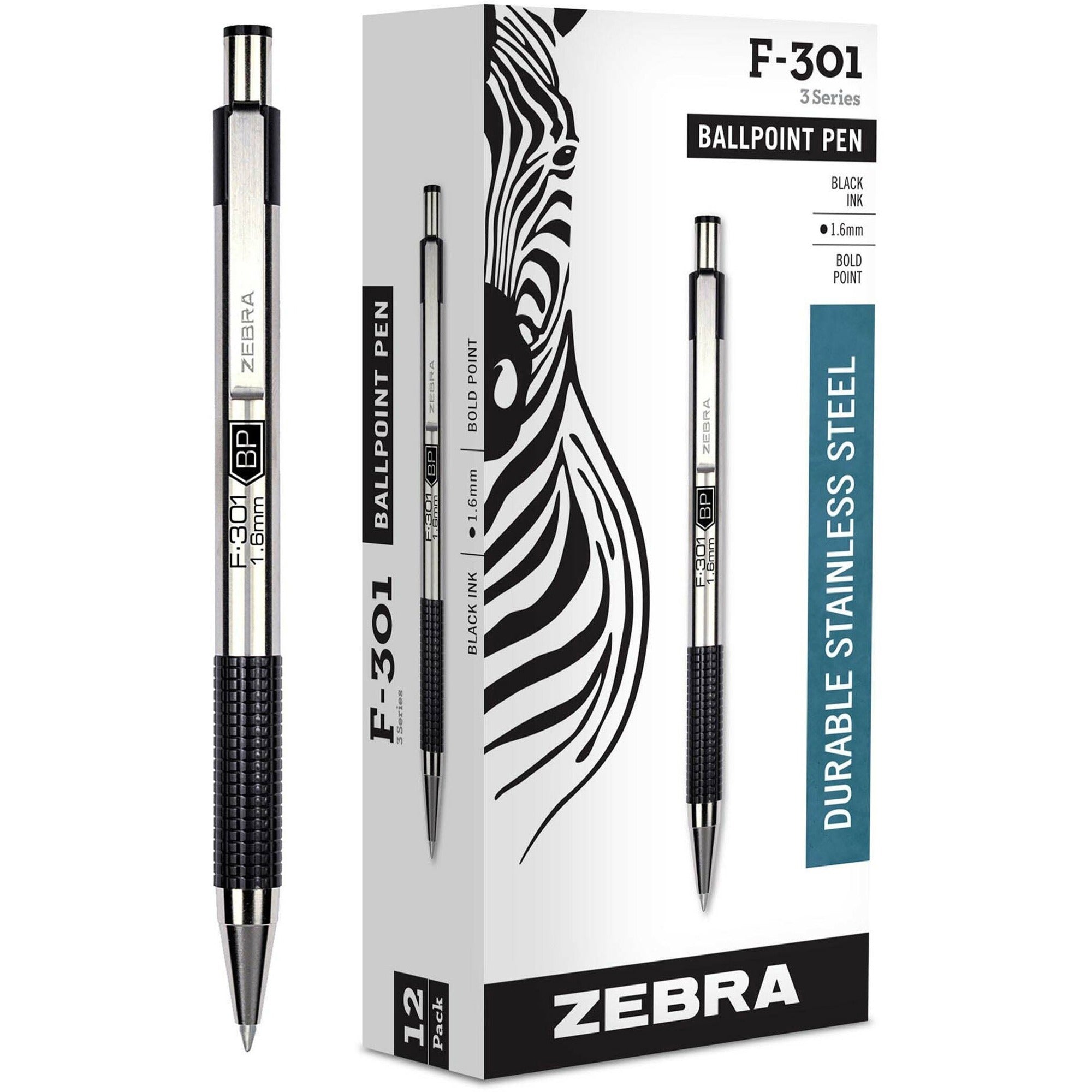 F-301 Ballpoint Pen, Retractable, Bold 1.6 mm, Black Ink, Stainless Steel/Black Barrel, 12/Pack