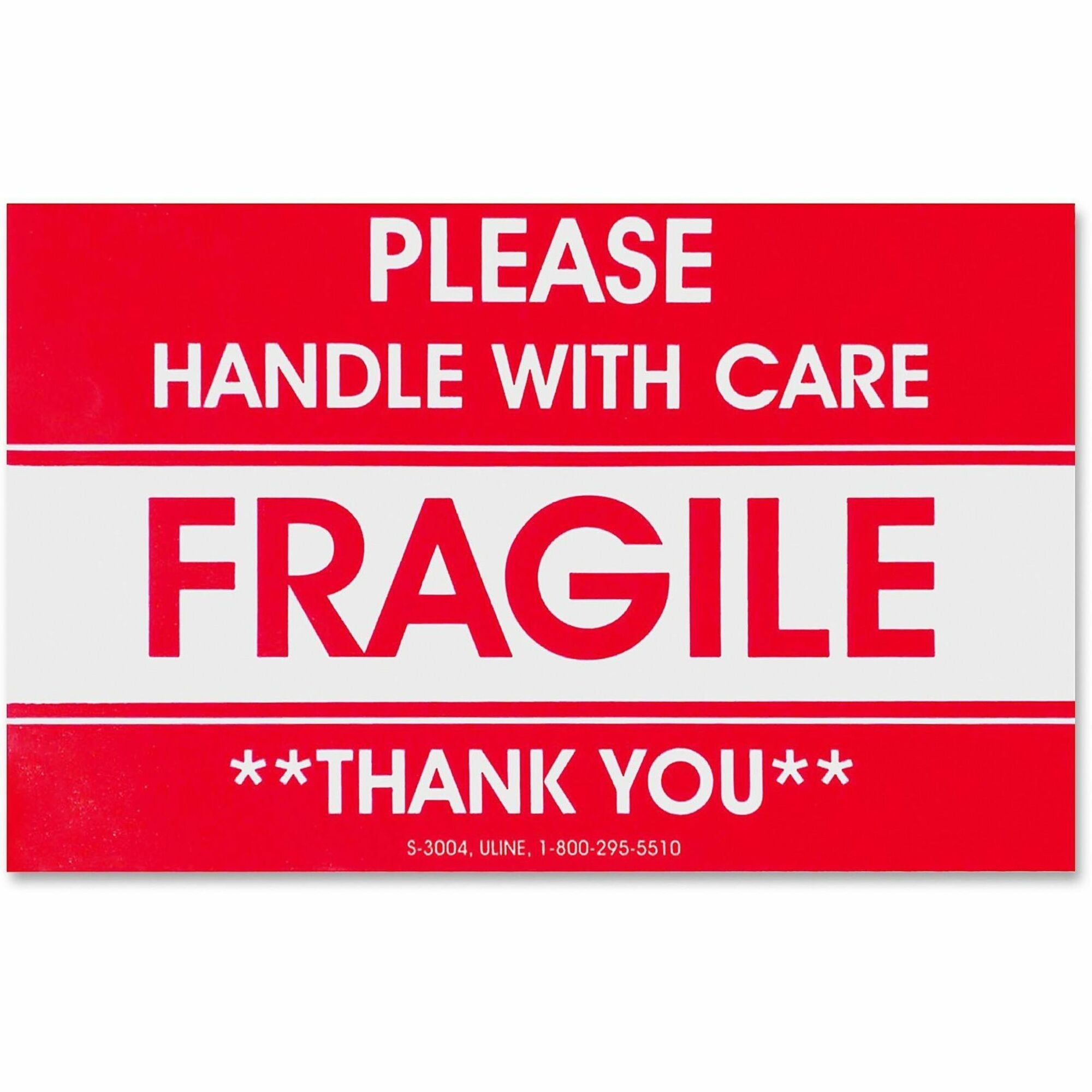 Tatco Fragile/Handle With Care Shipping Label - "Fragile - Handle with Care, Thank You" - 3" Width x 5" Length - Rectangle - Red - 500 / Roll - 500 / Roll - 