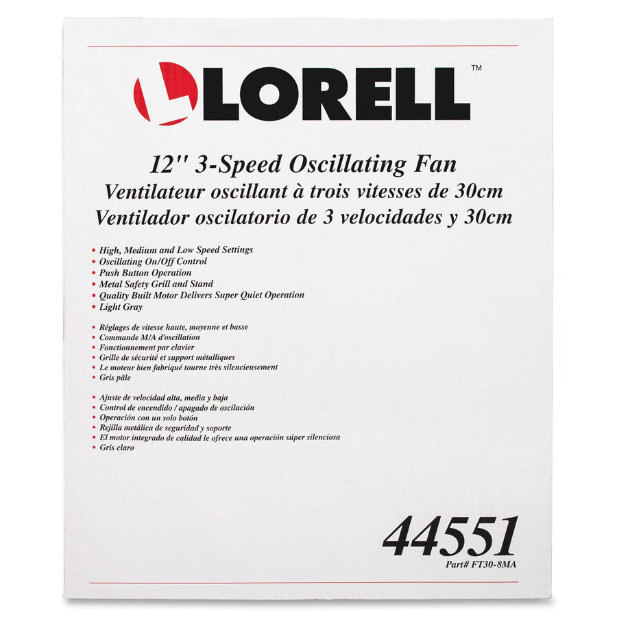 Lorell 12" Oscillating Desk Fan - 12" Diameter - 3 Speed - Quiet, Oscillating - 19.5" Height x 13.9" Width x 11.5" Depth - Light Gray - 