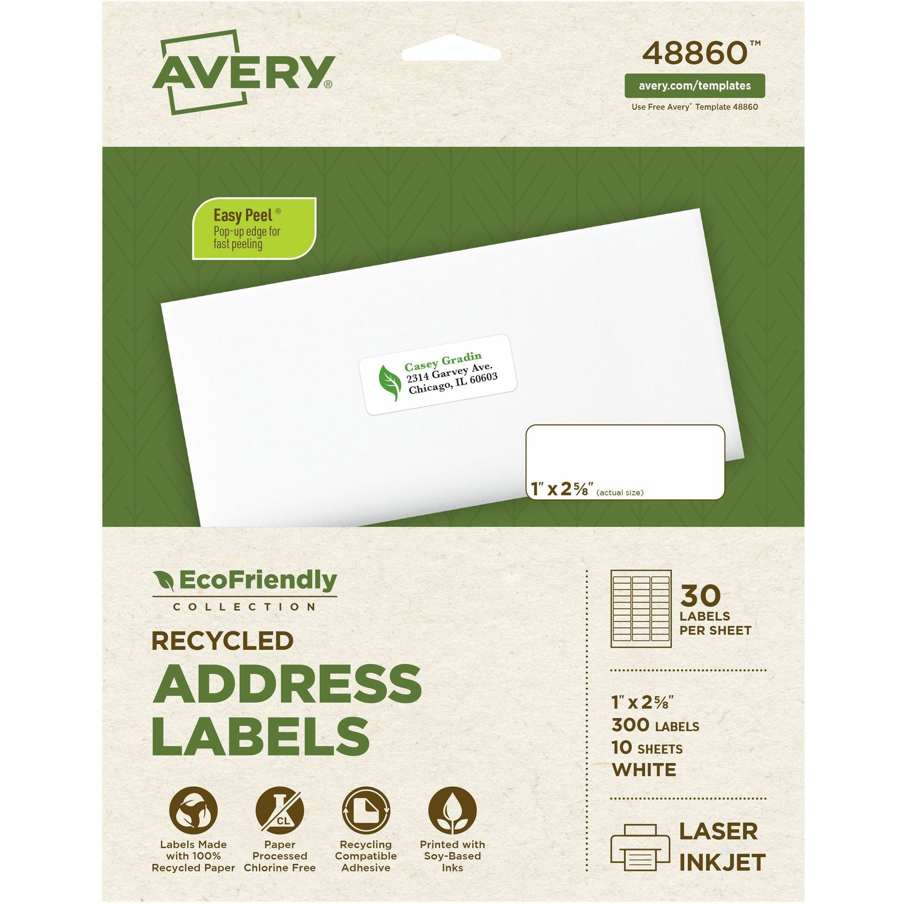 Avery EcoFriendly Address Labels - Permanent Adhesive - Rectangle - Laser, Inkjet - White - Paper - 30 / Sheet - 50 Total Sheets - 1500 Total Label(s) - 5 / Carton - 1