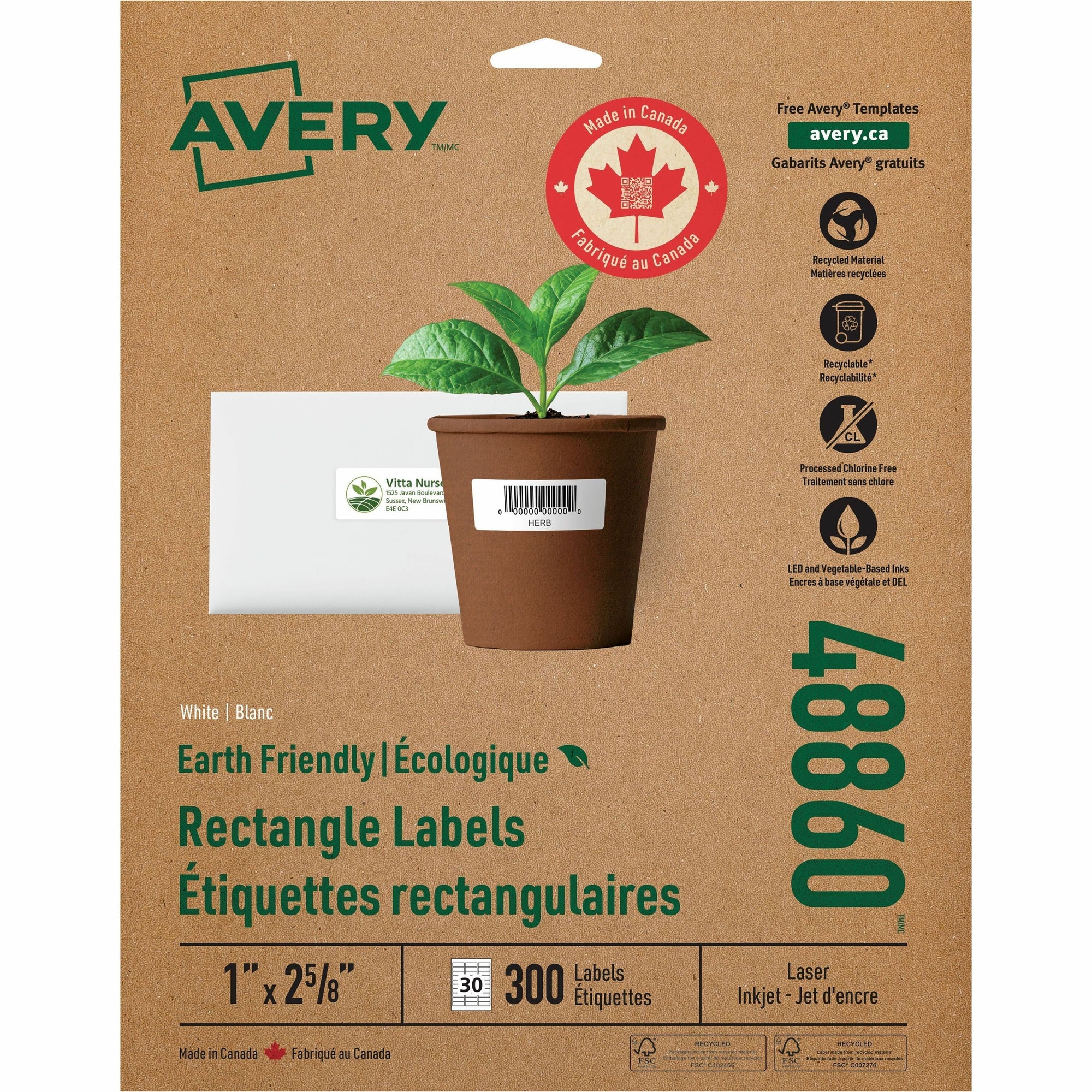 Avery EcoFriendly Address Labels - Permanent Adhesive - Rectangle - Laser, Inkjet - White - Paper - 30 / Sheet - 50 Total Sheets - 1500 Total Label(s) - 5 / Carton