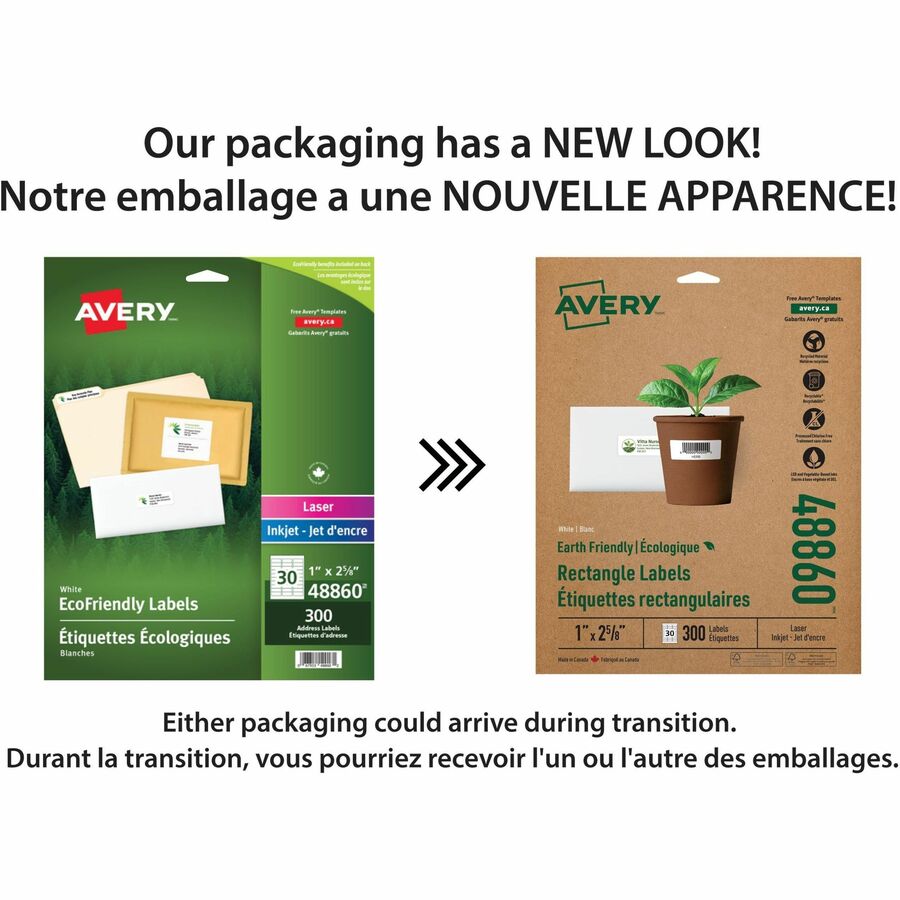 Avery EcoFriendly Address Labels - Permanent Adhesive - Rectangle - Laser, Inkjet - White - Paper - 30 / Sheet - 50 Total Sheets - 1500 Total Label(s) - 5 / Carton