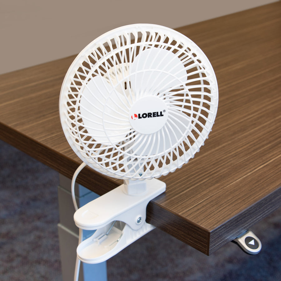 Lorell Clip-On Personal Fan - 152.4 mm Diameter - 2 Speed - Adjustable Tilt Head - 9.5" Height x 7.9" Width x 6" Depth - White - 