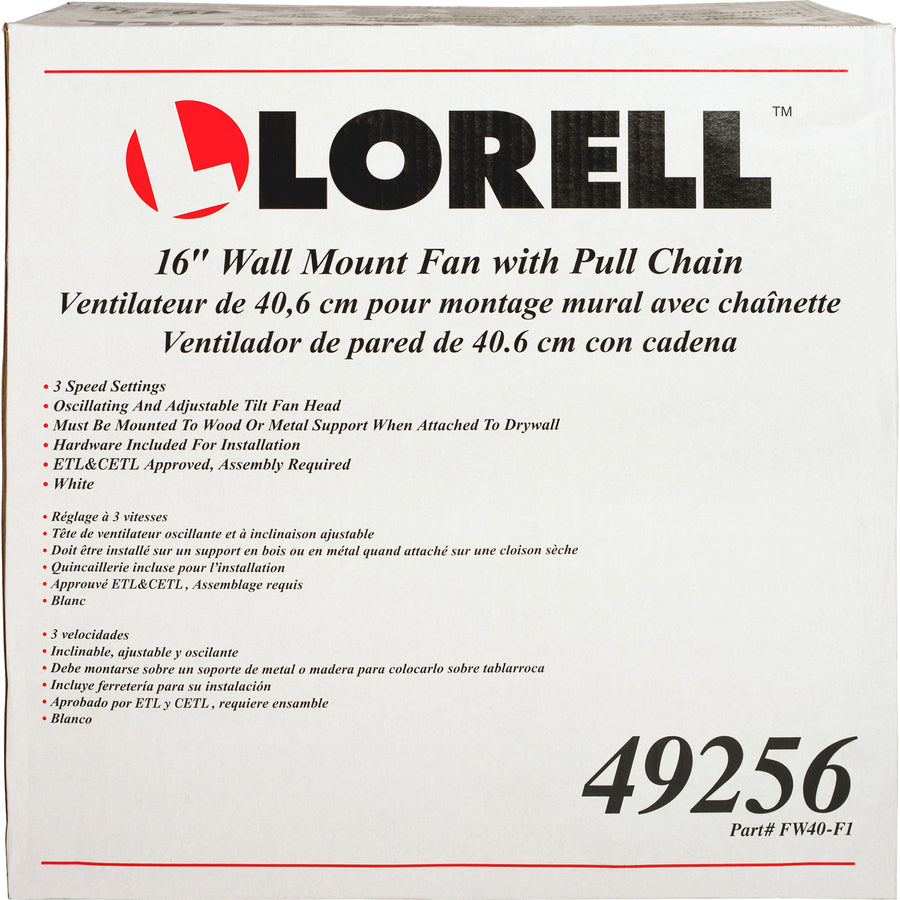 Lorell Pull-chain Wall-Mounting 3-speed Fan - 16" Diameter - 3 Speed - Adjustable Tilt Head, Oscillating - 18.5" Height x 9.3" Width x 18.1" Depth - White - 