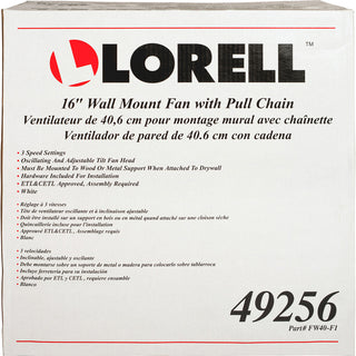 Lorell Pull-chain Wall-Mounting 3-speed Fan - 16" Diameter - 3 Speed - Adjustable Tilt Head, Oscillating - 18.5" Height x 9.3" Width x 18.1" Depth - White - 