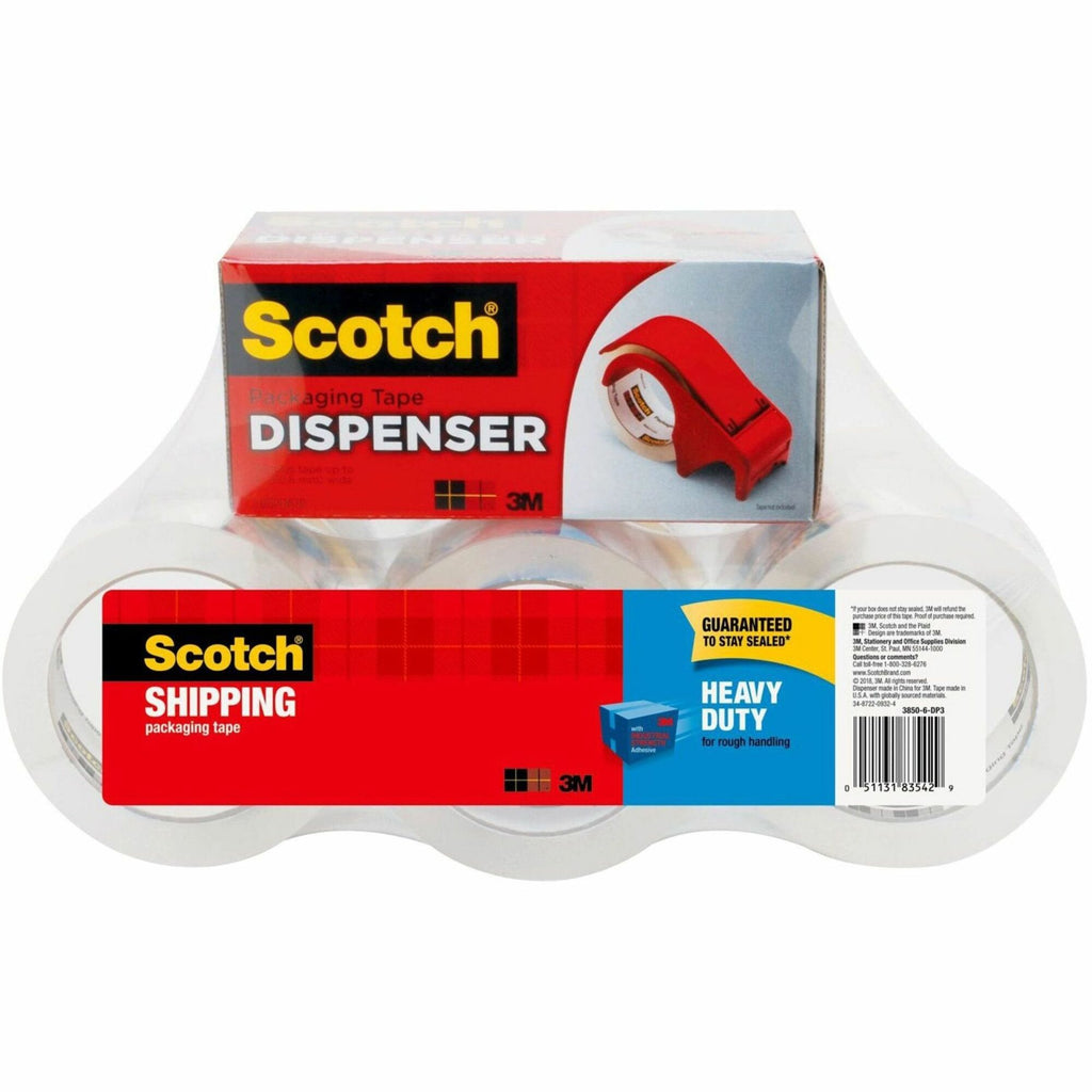 3850 Heavy-Duty Packaging Tape with DP300 Dispenser, 3" Core, 1.88" x 54.6 yds, Clear, 6/Pack