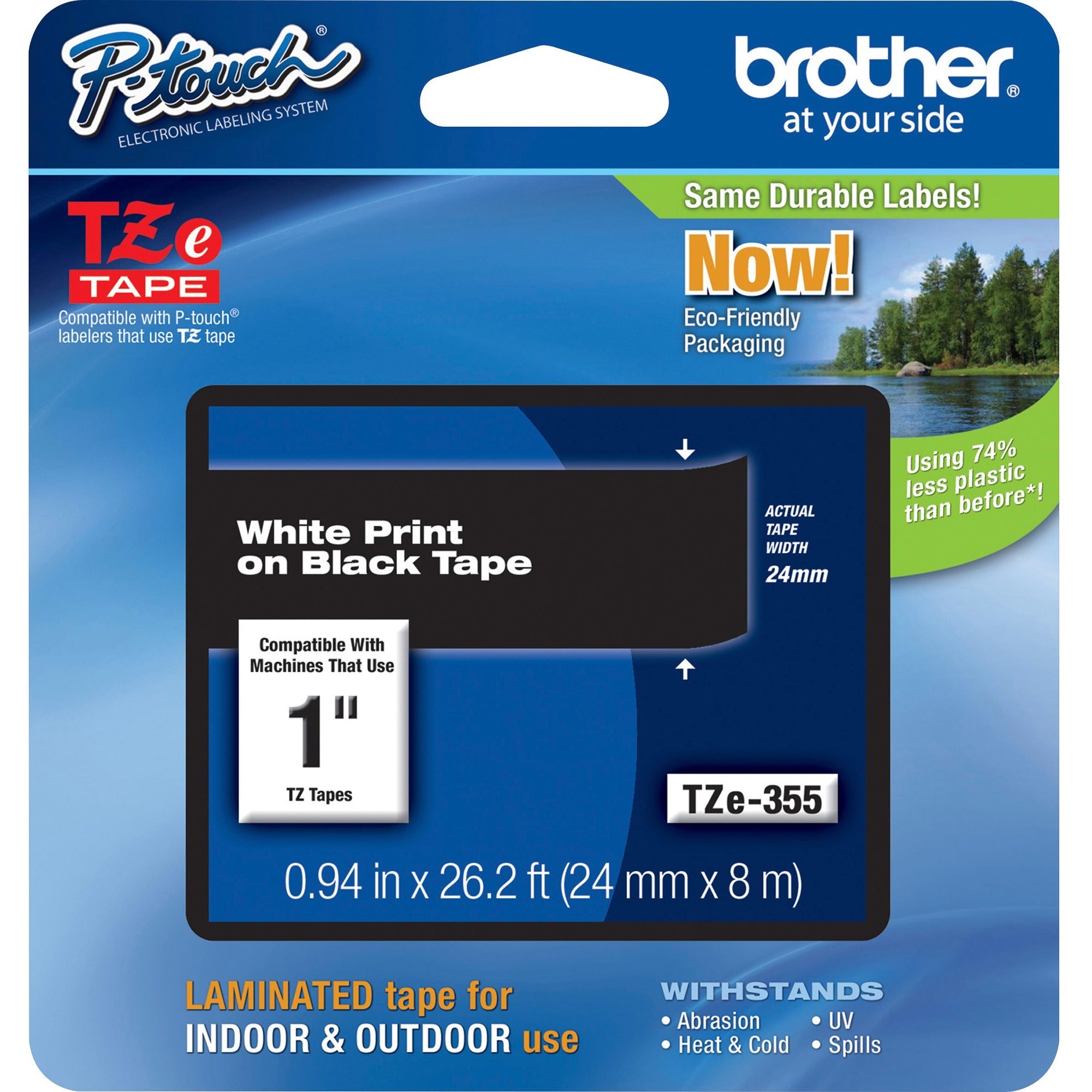 TZe Standard Adhesive Laminated Labeling Tape, 0.94" x 26.2 ft, White on Black
