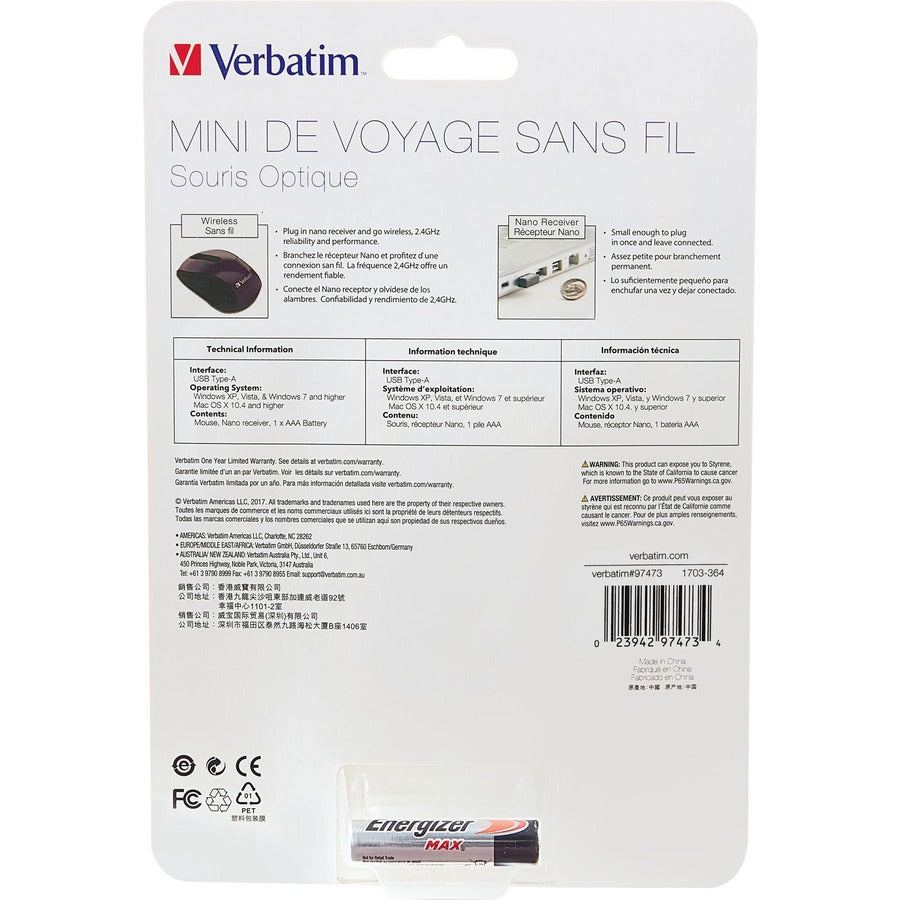 Verbatim Wireless Mini Travel Optical Mouse - Purple - Purple