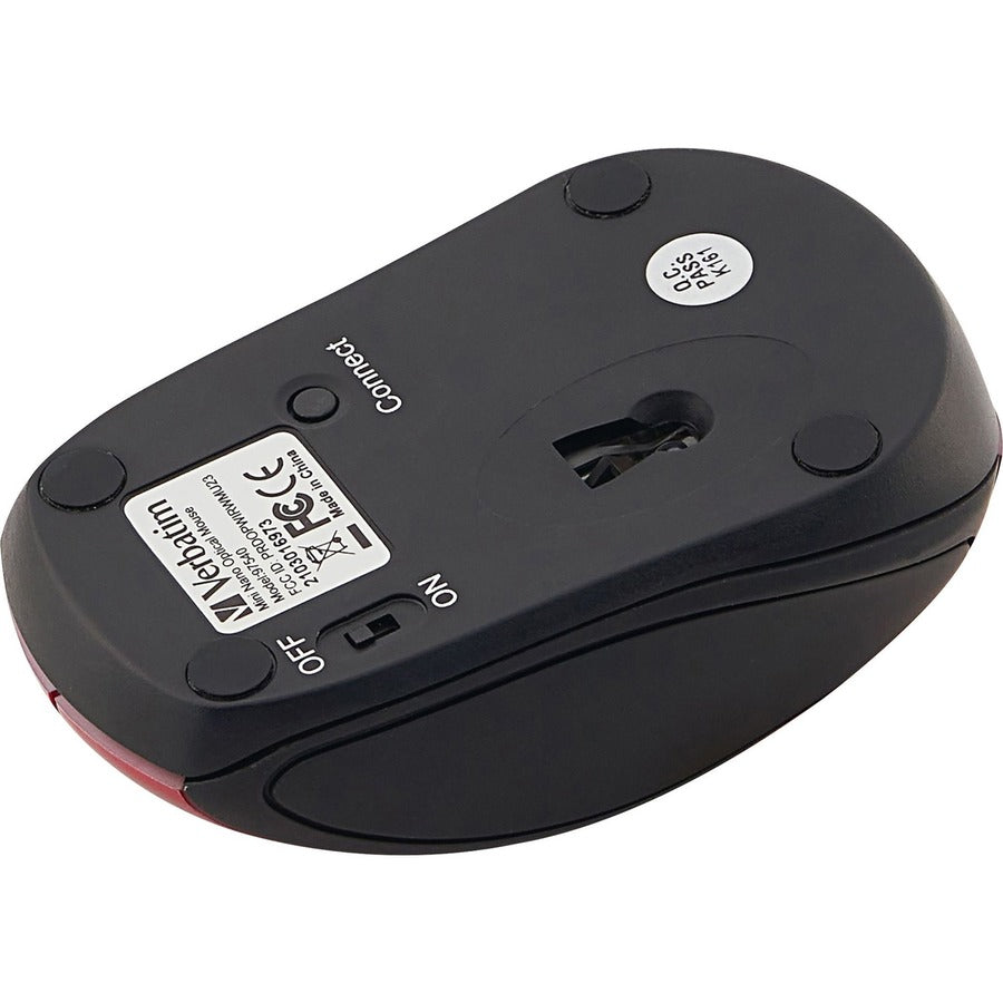 Verbatim Wireless Mini Travel Optical Mouse - Red - Radio Frequency - USB - 1600 dpi - Scroll Wheel - 