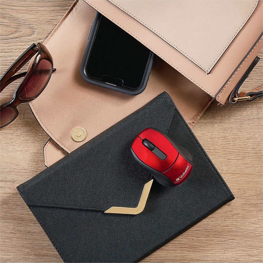 Verbatim Wireless Mini Travel Optical Mouse - Red - Radio Frequency - USB - 1600 dpi - Scroll Wheel - 