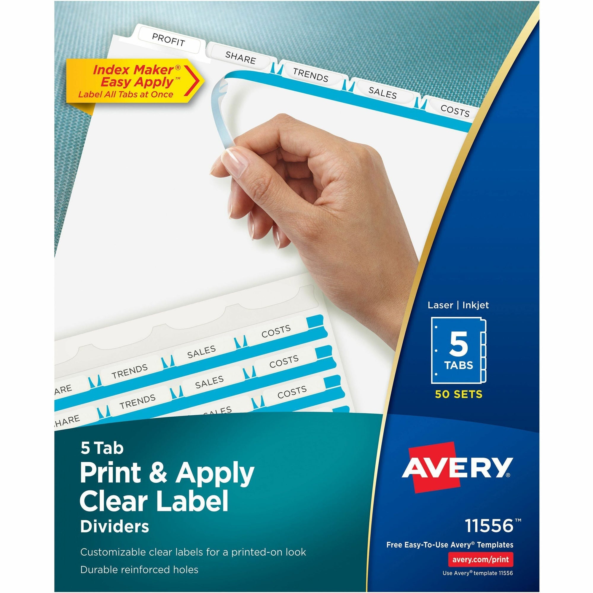 Print and Apply Index Maker Clear Label Dividers, 5-Tab, White Tabs, 11 x 8.5, White, 50 Sets