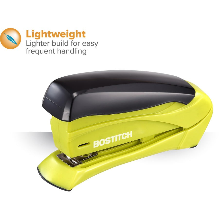 Bostitch Inspire 15 Spring-Powered Compact Stapler - 15 Sheets Capacity - 105 Staple Capacity - Half Strip - 1/4" , 26/6mm Staple Size - 1 Each - Assorted - 