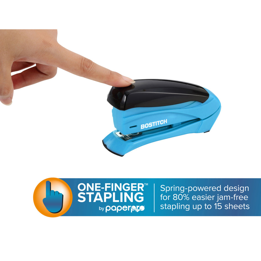 Bostitch Inspire 15 Spring-Powered Compact Stapler - 15 Sheets Capacity - 105 Staple Capacity - Half Strip - 1/4" , 26/6mm Staple Size - 1 Each - Assorted - 