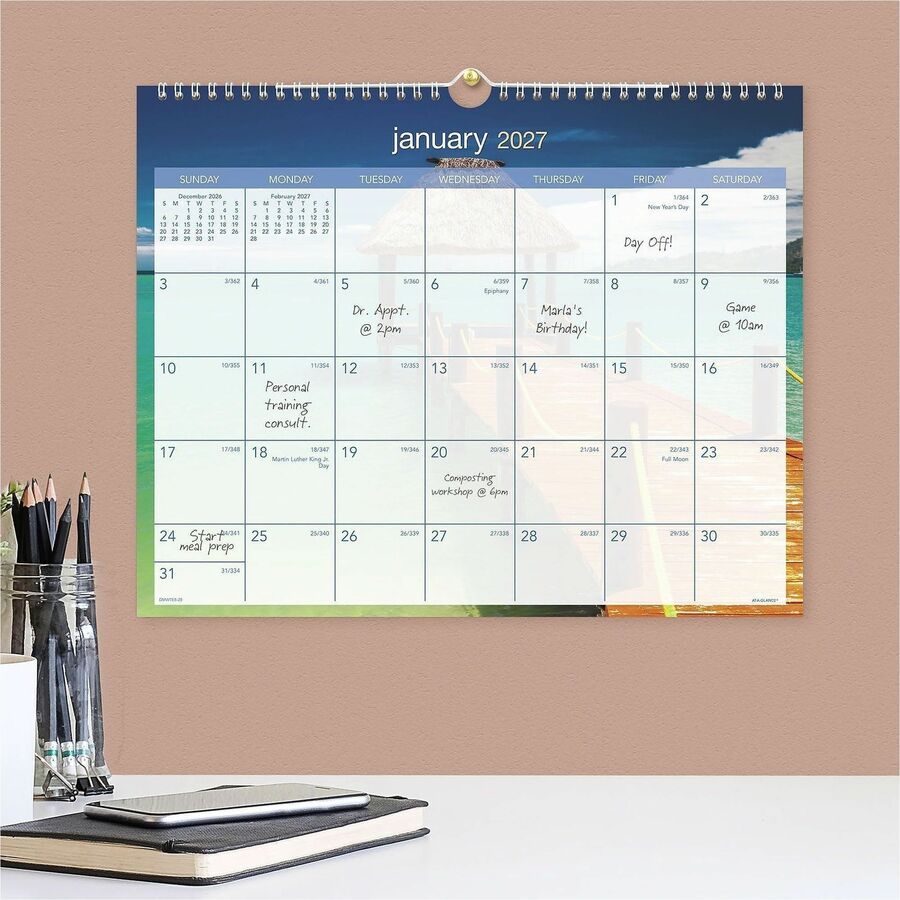 At-A-Glance Tropical Escape Wall Calendar - Medium Size - Julian Dates - Monthly - 12 Month - January 2024 - December 2024 - 1 Week, 1 Month Single Page Layout - 15" x 12" White Sheet - 2" x 1" Block - Wire Bound - Blue - Chipboard, Paper - Hanging L