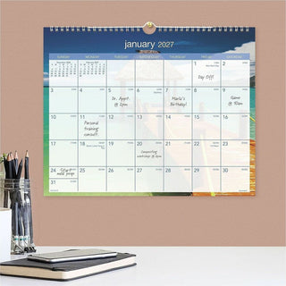 At-A-Glance Tropical Escape Wall Calendar - Medium Size - Julian Dates - Monthly - 12 Month - January 2024 - December 2024 - 1 Week, 1 Month Single Page Layout - 15" x 12" White Sheet - 2" x 1" Block - Wire Bound - Blue - Chipboard, Paper - Hanging L