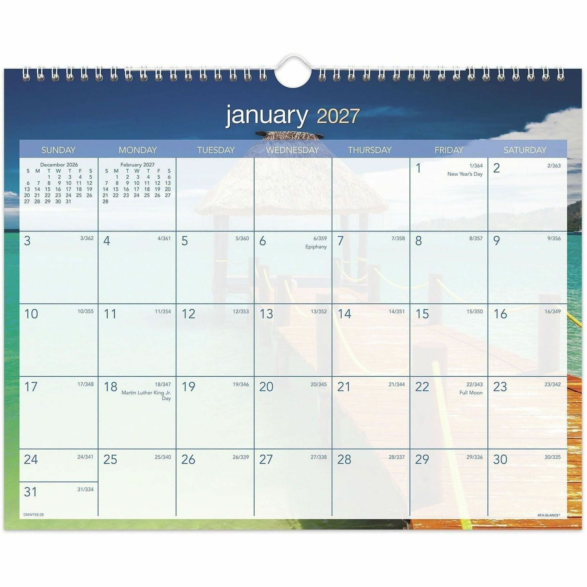 At-A-Glance Tropical Escape Wall Calendar - Medium Size - Julian Dates - Monthly - 12 Month - January 2024 - December 2024 - 1 Week, 1 Month Single Page Layout - 15" x 12" White Sheet - 2" x 1" Block - Wire Bound - Blue - Chipboard, Paper - Hanging L