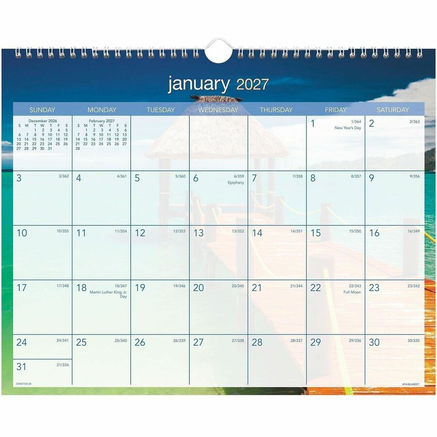 At-A-Glance Tropical Escape Wall Calendar - Medium Size - Julian Dates - Monthly - 12 Month - January 2024 - December 2024 - 1 Week, 1 Month Single Page Layout - 15" x 12" White Sheet - 2" x 1" Block - Wire Bound - Blue - Chipboard, Paper - Hanging L