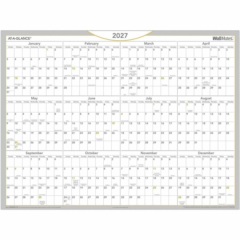 WallMates Self-Adhesive Dry Erase Yearly Planning Surfaces, 24 x 18, White/Gray/Orange Sheets, 12-Month (Jan to Dec): 2024